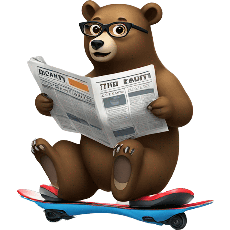 Bear riding a hoverboard while wearing glasses and reading a newspaper. emoji