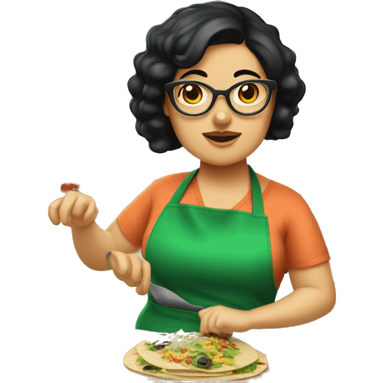 chubby lady with black hair green apron  with glasses cooking tacos emoji