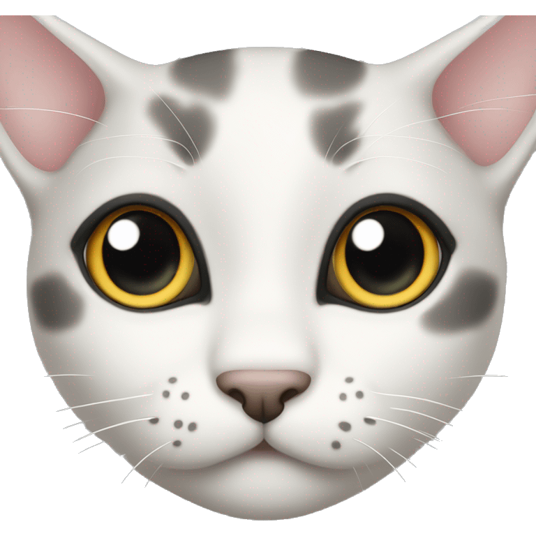 Kitten face with grey spots around nose eyes and on ears mainly white though emoji