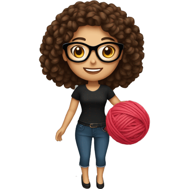 pretty Hispanic woman that has long brown curly hair holding one ball of yarn with both hands wearing a black shirt and black glasses emoji