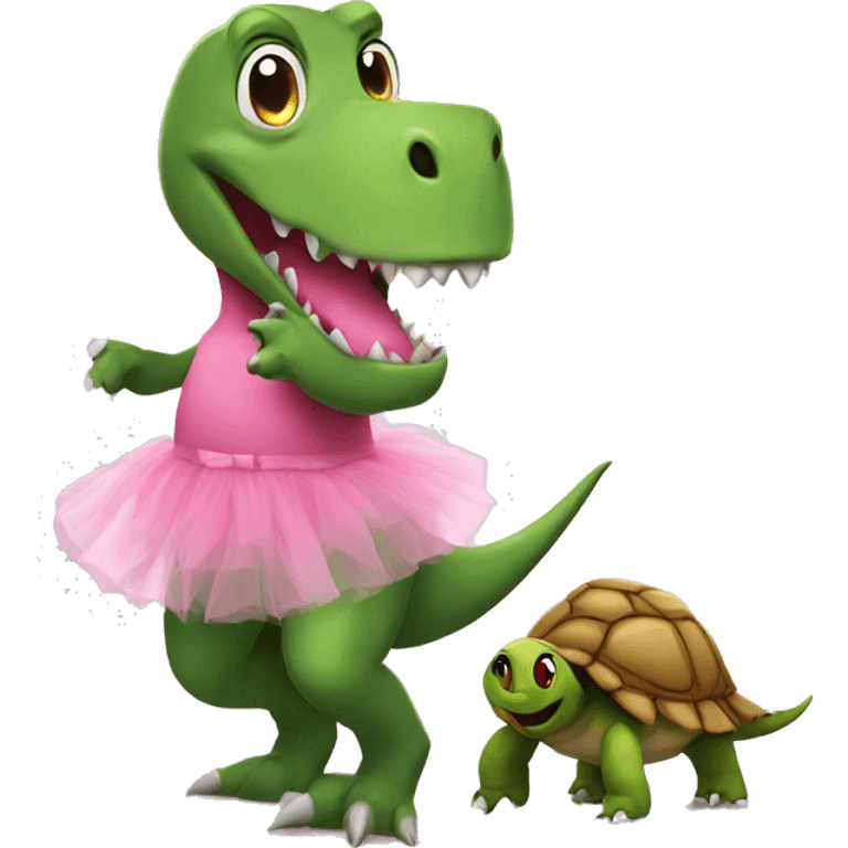 dinosaur wearing a pink tutu while holding a turtle emoji