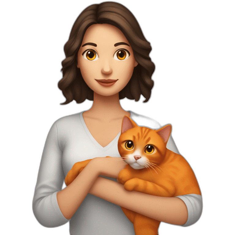 brunette woman close up holding orange cat emoji