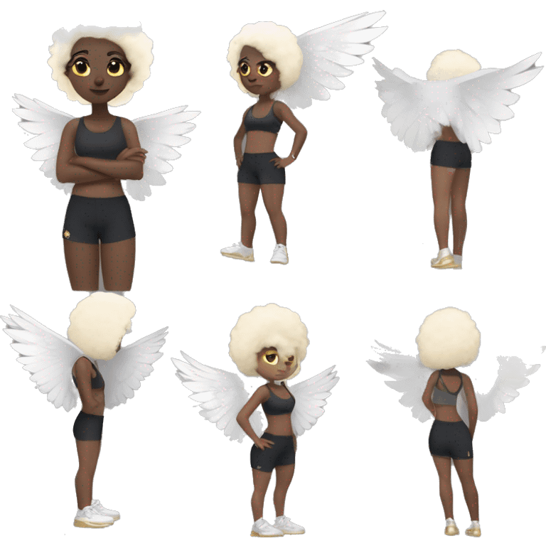 Girl with charcoal gray skin and short white fluffy hair with gold eyes wearing a black sports bra and sun tight shorts down to just above the knees. She has a pair of white bird wings and a bird tail her feet are bird talons emoji