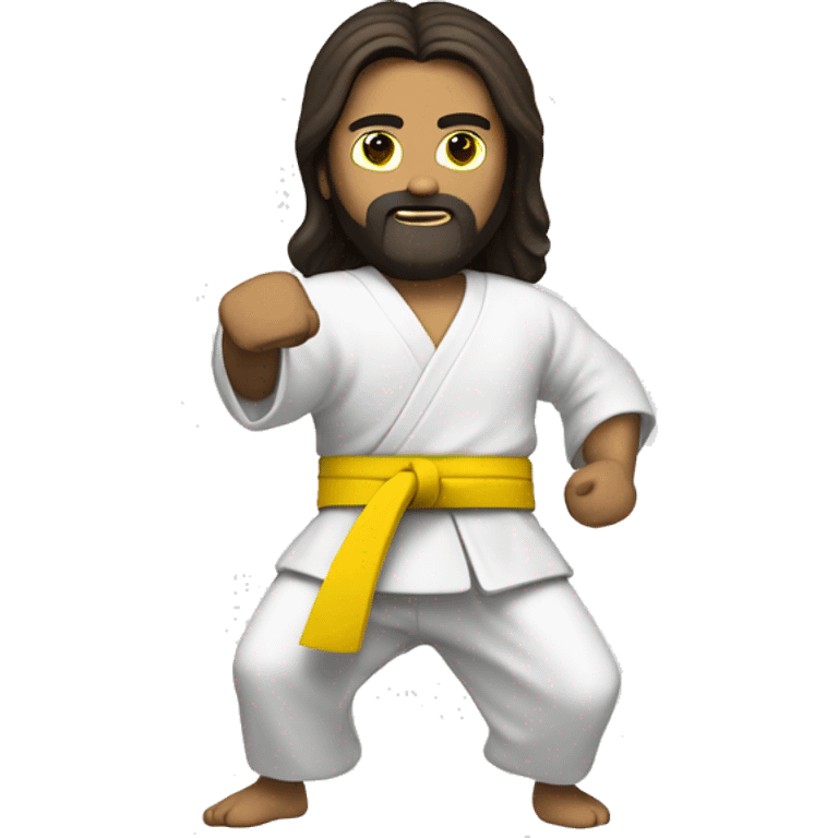 Jesus fighting kung fu with a yellow belt, black pants and a white shirt with black sleeves emoji