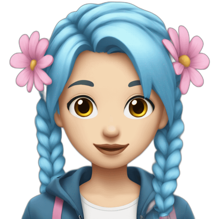 Girl teenager with blue hair and two pigtails. She has blue eyes. She is wearing a white shirt with pink flowers on the shirt , and a blue jacket. emoji