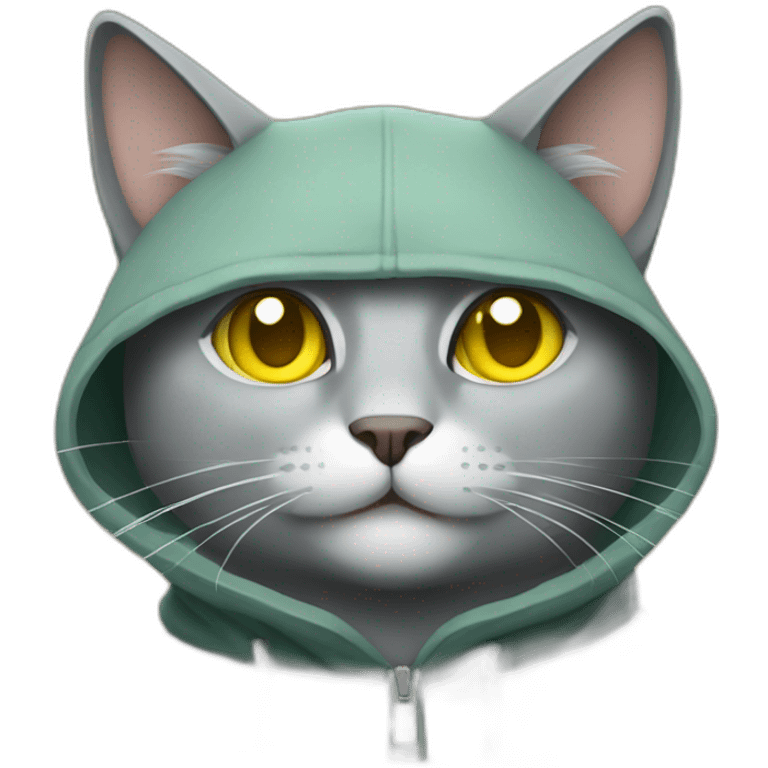 gray cat with yellow eyes and a green hood that smiles emoji