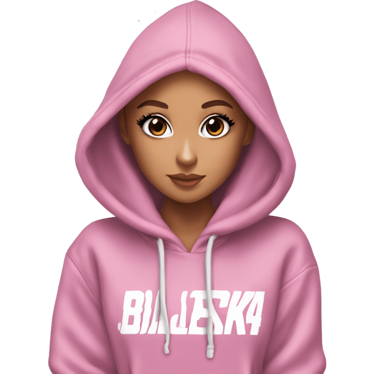 Ariana Grande wearing a hoodie of Blackpink merch emoji