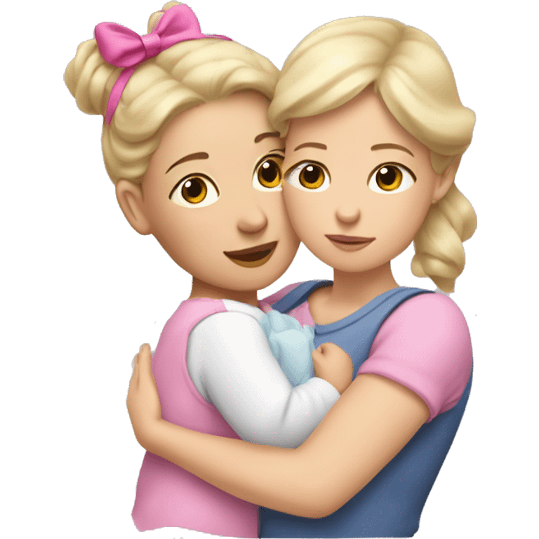 white blonde woman cuddling with baby girl with short light brown hair with a big pink bow on her head  emoji