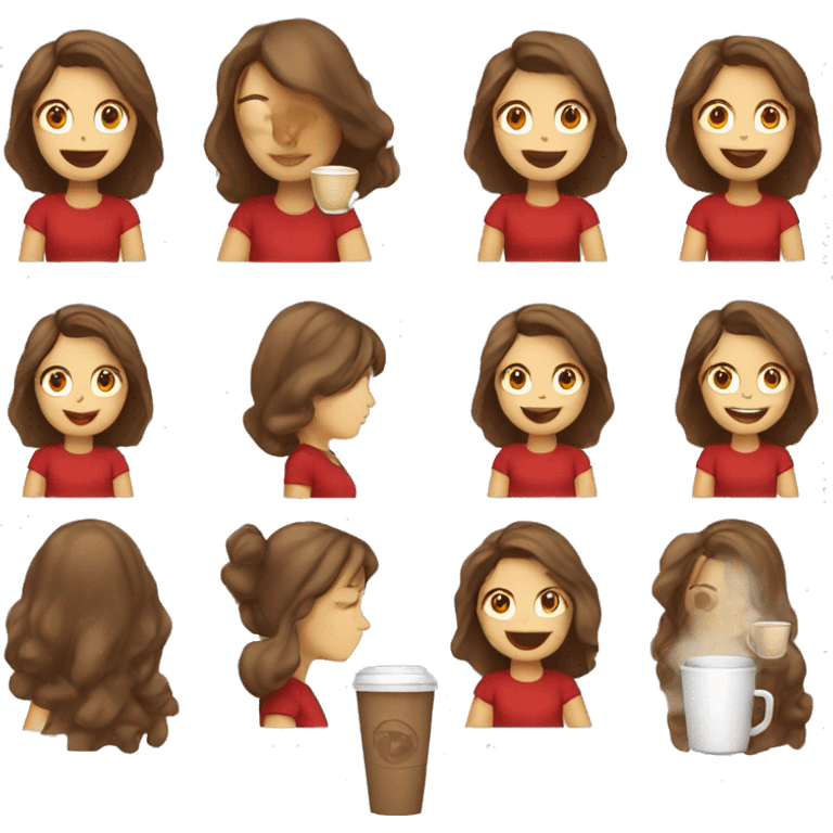 barista girl with a long brown hair in a red t-shirt with a cup of coffee in a hand emoji