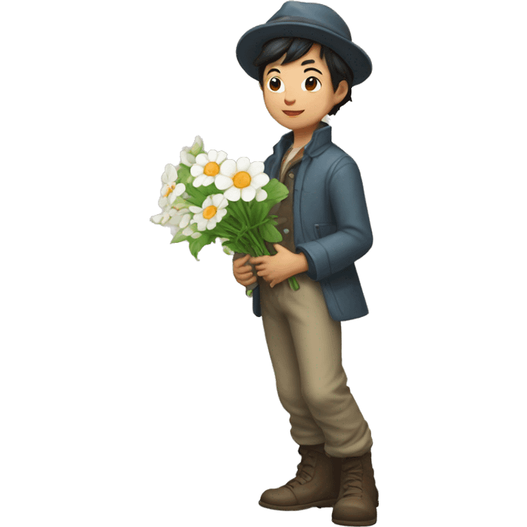 artful dodger white asian boy stands and holds various flowers emoji