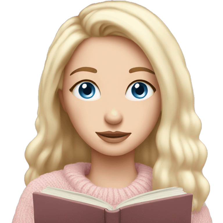 Pretty blue eyed white girl with light pink sweater reading cozy emoji