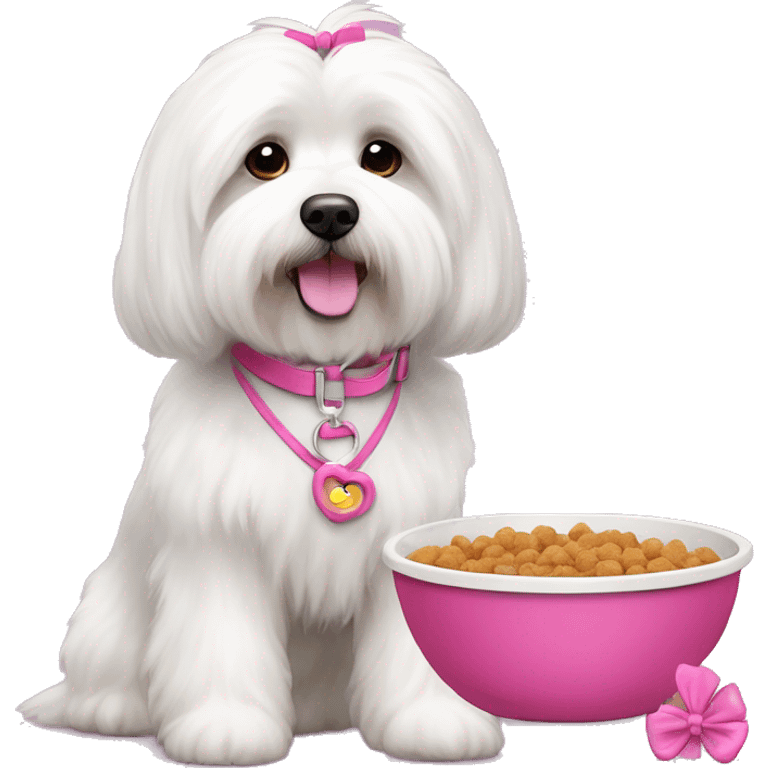 Long haired Coton de Tulear dog with pink harness and pink hair bow, pink dog bowl with kibbles, her name is Zoey emoji