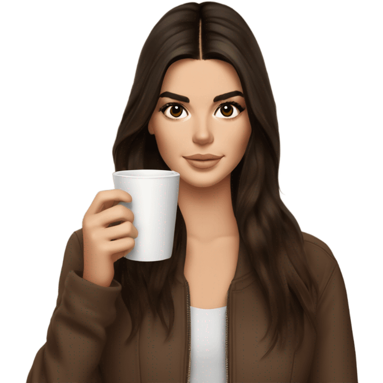 brunette Kendall Jenner with long and brown hair her eyes brown and sipping coffee  emoji