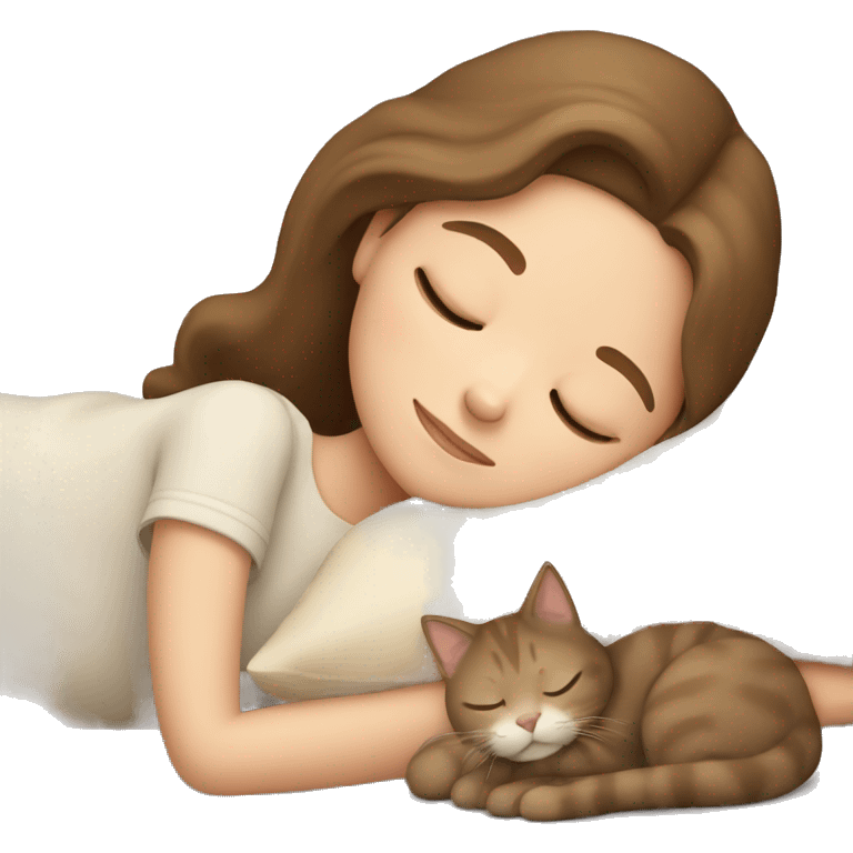 Girl with brown hair sleeping with beige cat emoji