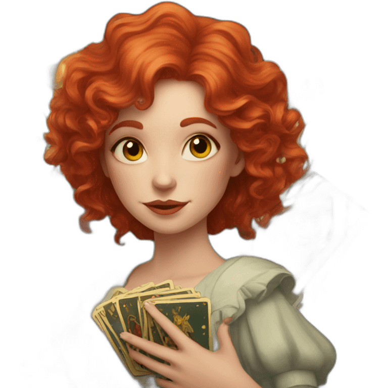 a wavy red haired girl with a deck of tarot cards emoji