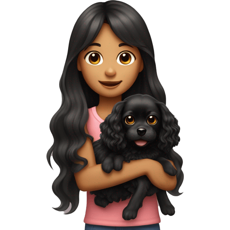 young girl with long wavy hair and bangs holding her little black chichuachua dog emoji