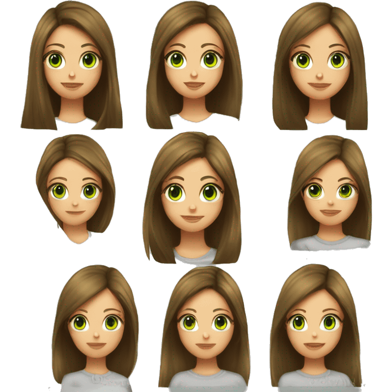 Fille cheveux lisse mi- long chatain raie au milieu, yeux vert, fille grande emoji