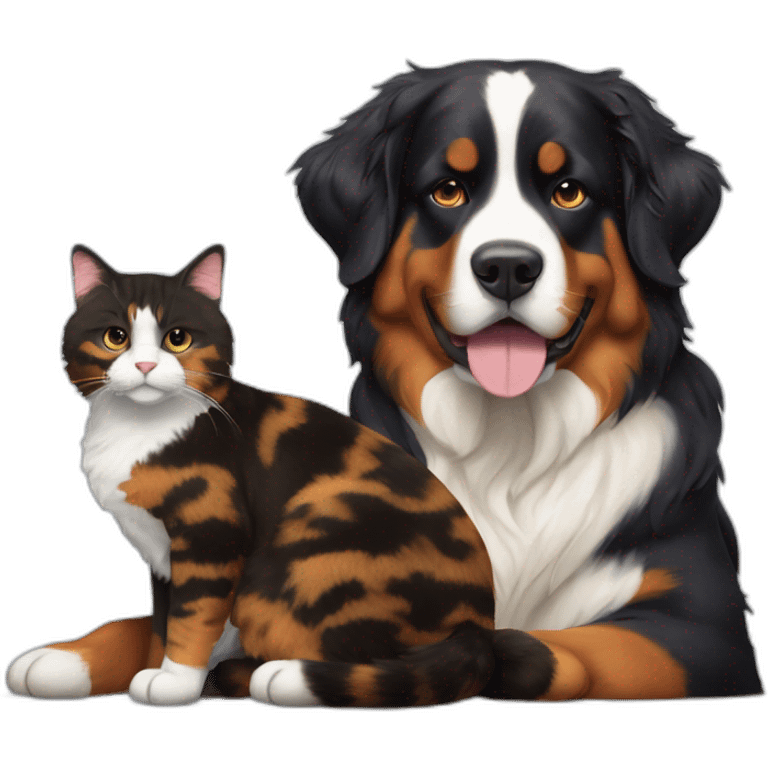 A Bernese dog next to A tortoiseshell cat without white emoji