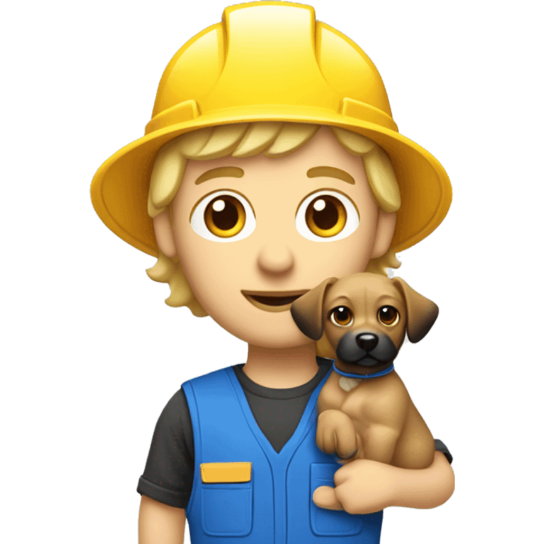 Blonde male Construction worker wearing a hat and blue work wear with small black curly dog on his arm emoji