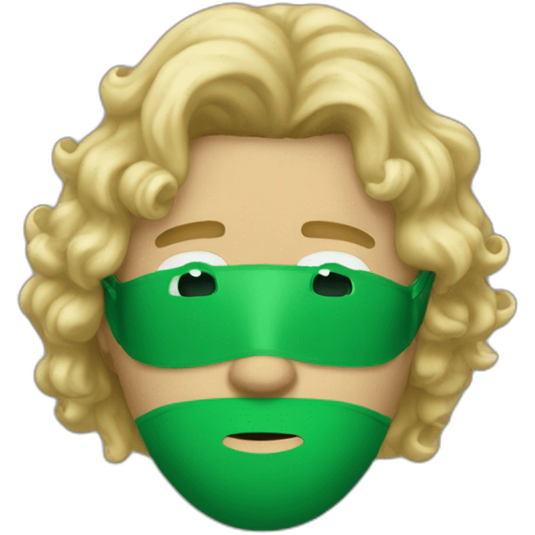 A man wearing a green plane mask with medium length blonde curly hair emoji