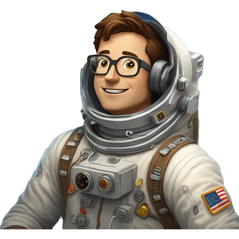 Man in glasses and an astronaut suit in space, interacting with floating cryptocurrency symbols (Bitcoin, Ethereum, etc.). Short brown hair, friendly expression, surrounded by digital blockchain elements. emoji