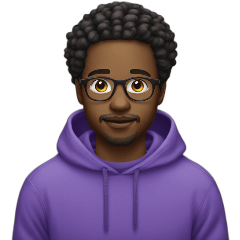 Black Young man and glasses and little beard mustache working in digital space with locs and purple sweatshirt emoji