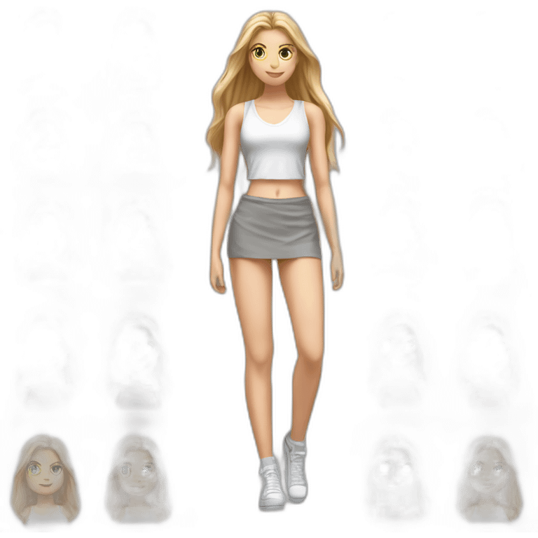 hyperrealist caucasian girl, long straight blonde hair, white v-neck laced crop tanktop, grey tight mini skirt, sneakers, facing camera emoji