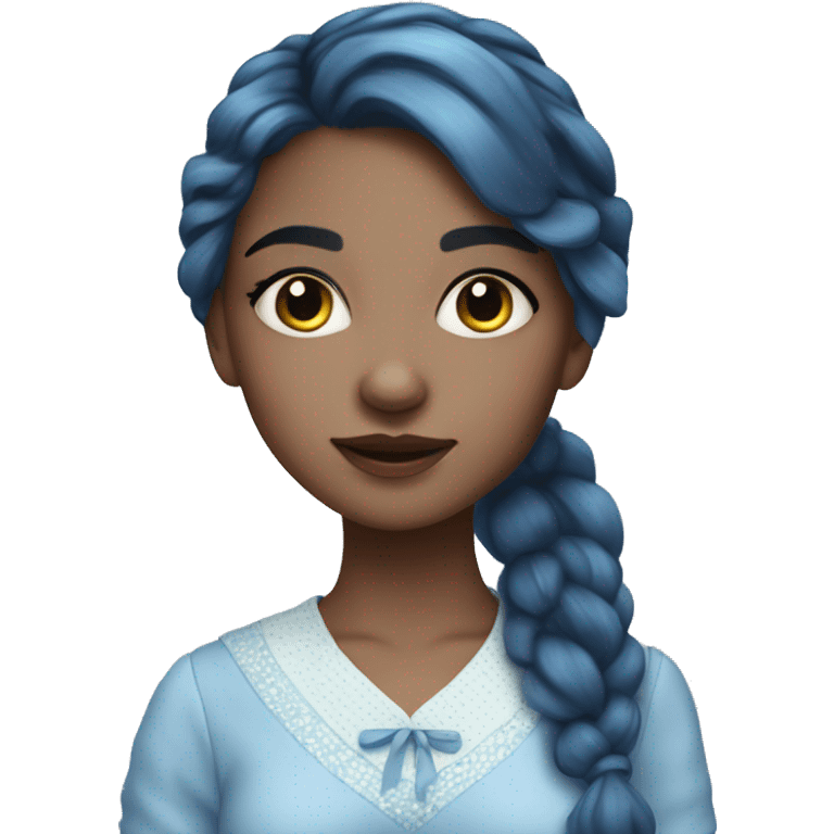 A beautiful light blue skinned girl who has dark blue hair that shines. She has freckles on her nose and wears a cottage dress. emoji