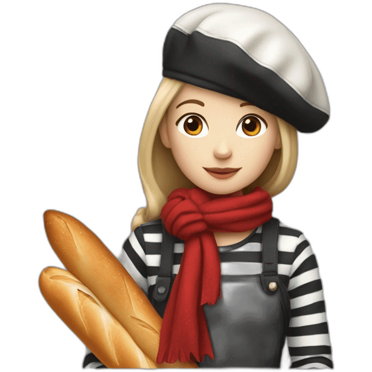 a french girl with a beret, black and white striped clothes, a red scarf and a baguette on his back. emoji