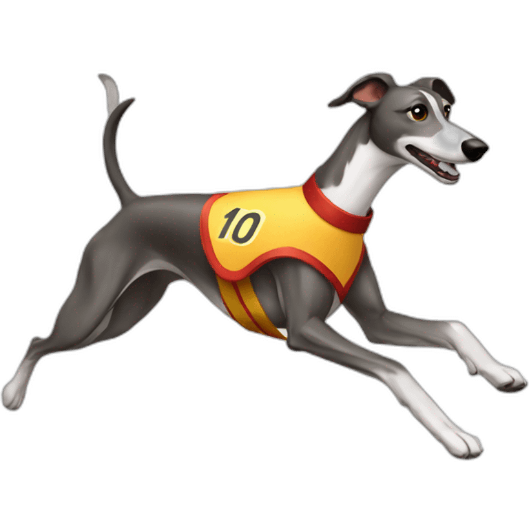 Greyhound running with sash with number  emoji