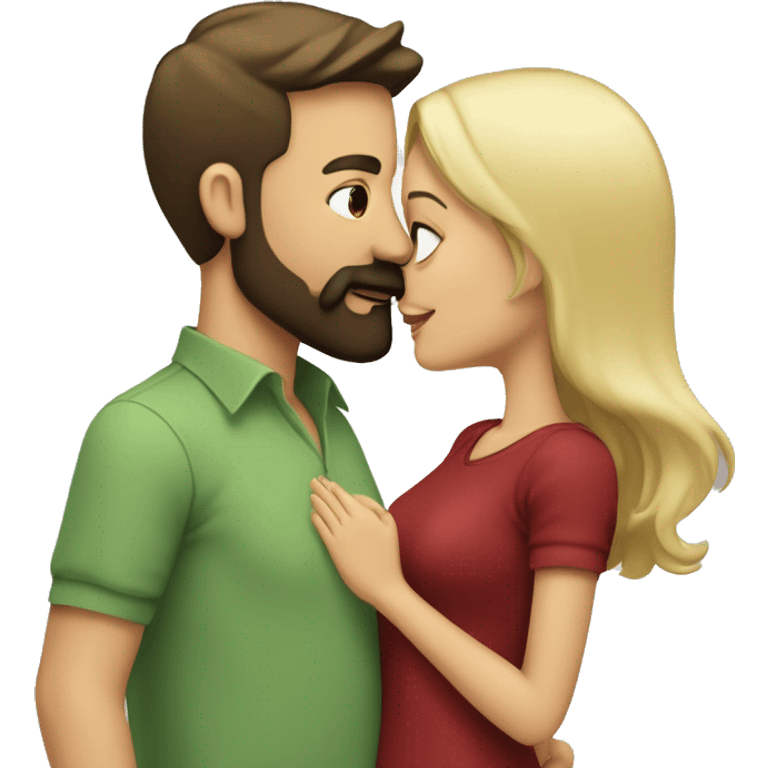 blonde girl with sage green shirt kissing man with dark brown hair, dark brown beard and mustache, and wearing a red shirt  emoji