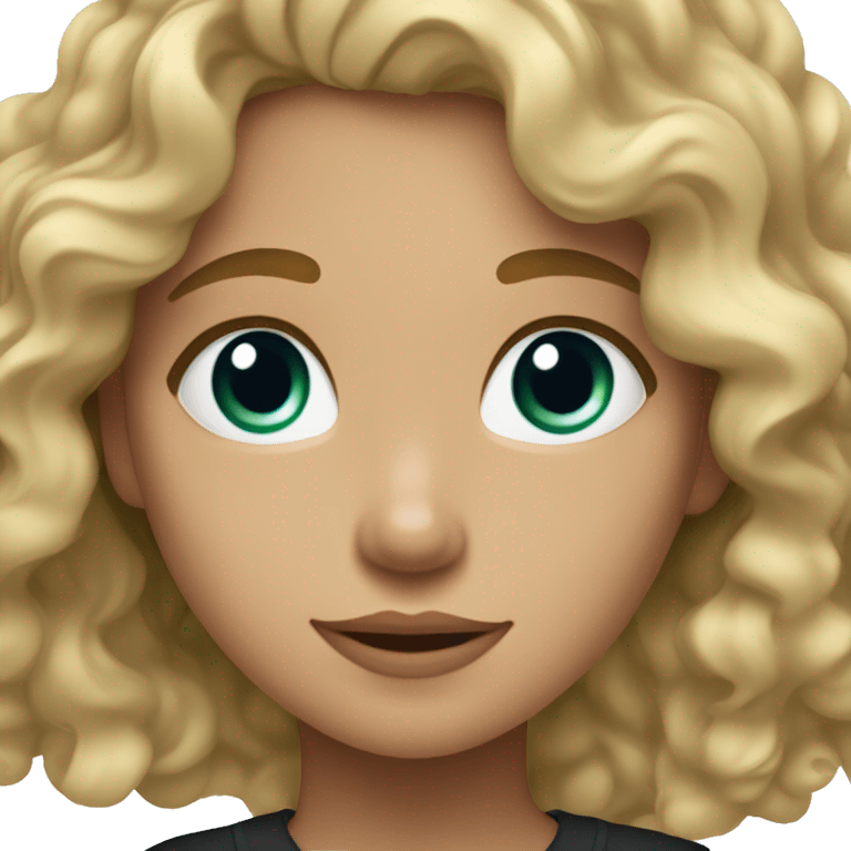 A girl with medium blonde wavy ish curly hair and blue eyes with a hint of green and a black shirt emoji