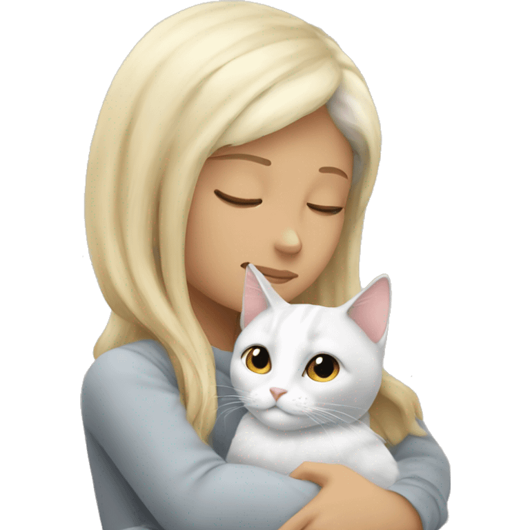 white grey cat cuddling with blonde girl emoji