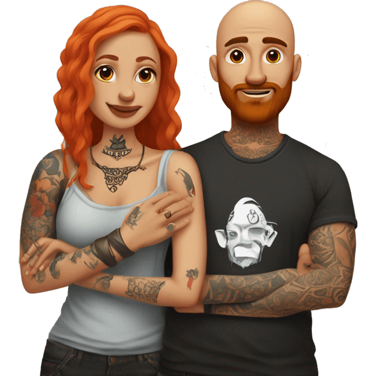 Indian Beard guy with bald head and tattoos only on left hand hugging a ginger hair Croatian girl with septum ring and tattoos on right hand  emoji