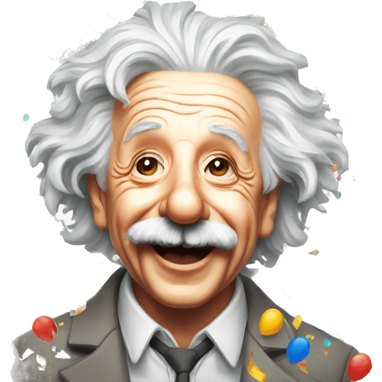 happy albert einstein with lots of colourful confetti and party balloons emoji