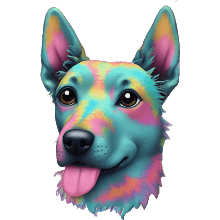 Multicolored rainbow retro groovy tie dye hippie trippy floral patterns on a metallic holographic iridescent blue dog face head unicorn emoji