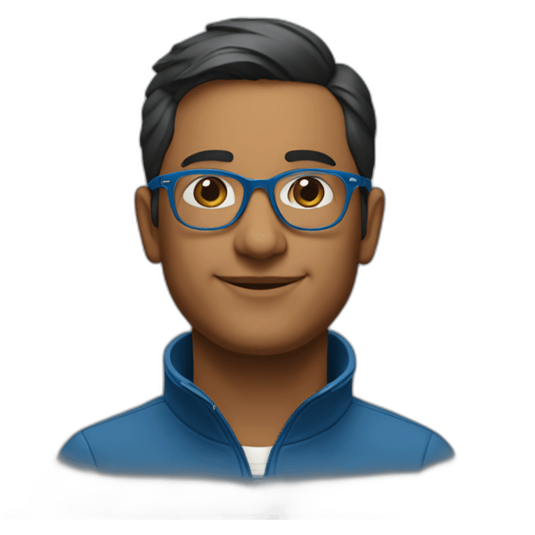 indian tech founder clean shaven in blue quarter zip with tortoise glasses emoji