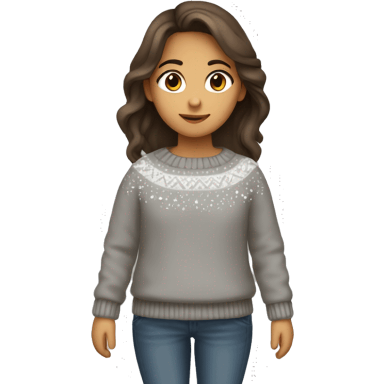 winter, christmas, hispanic, long brown hair, girl, brown eyes, child, full body, grey sweater emoji