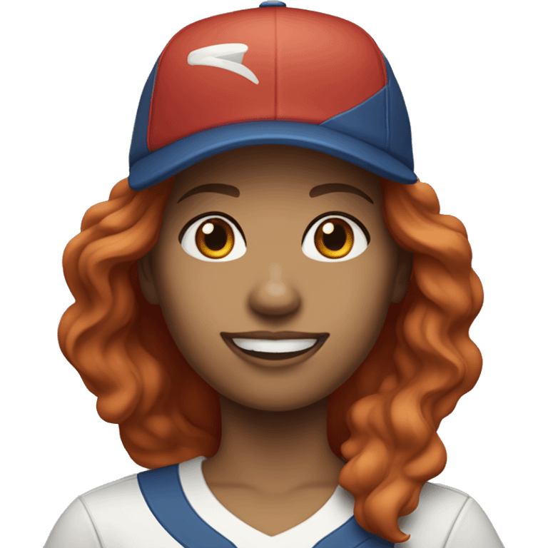 front facing standing female coach with long red hair, wearing a white t-shirt and a simple baseball blue hat emoji