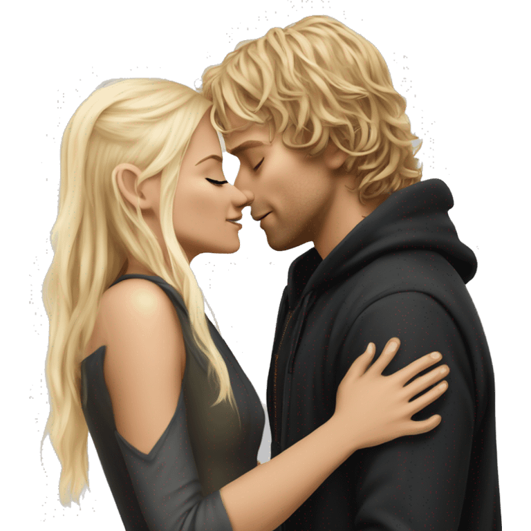 Pippin-hobbit wearing black hoodie kissing pretty straight hair blonde woman with attractive top emoji