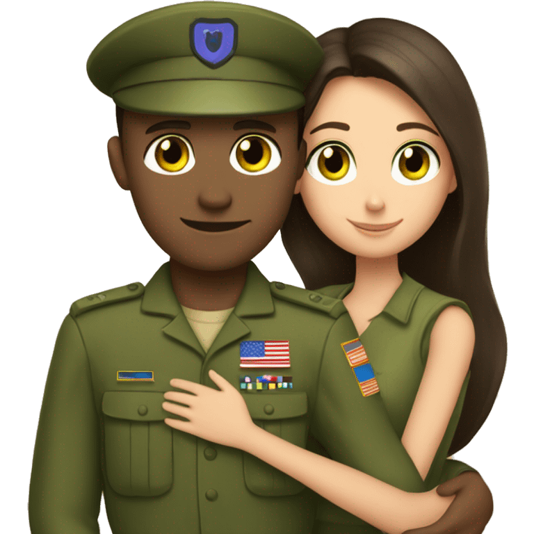 brunette girl with green eyes hugs a military guy emoji