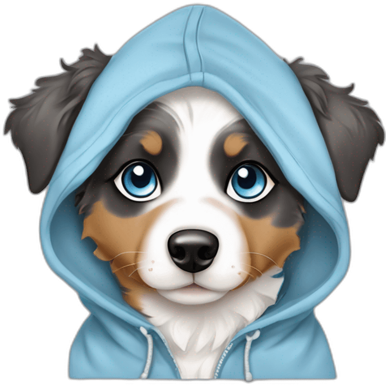 baby dog ​​with blue eyes, merle color, Australian Shepherd breed, with a hoodie emoji