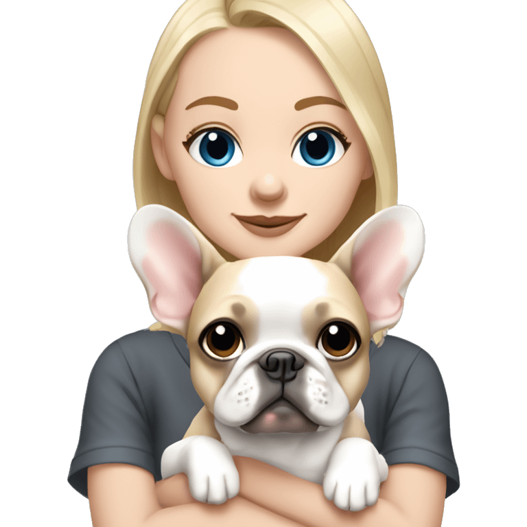 Blonde girl blue eyes holding dark grey frenchie and fawn pied frenchie emoji