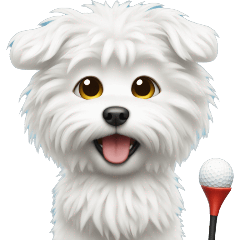 Small white fluffy dog playing golf emoji