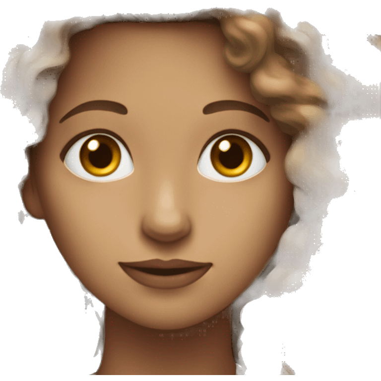 White women with the brown curly hair and blue eyes work at the laptop  emoji