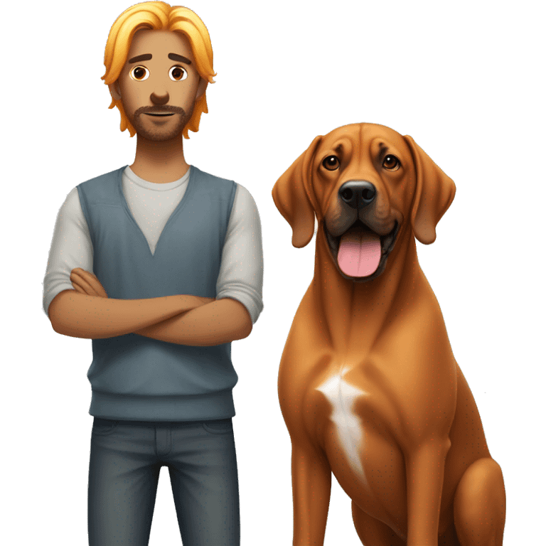 white male with long rainbow colored hair standing alongside a brown rhodesian ridgeback emoji