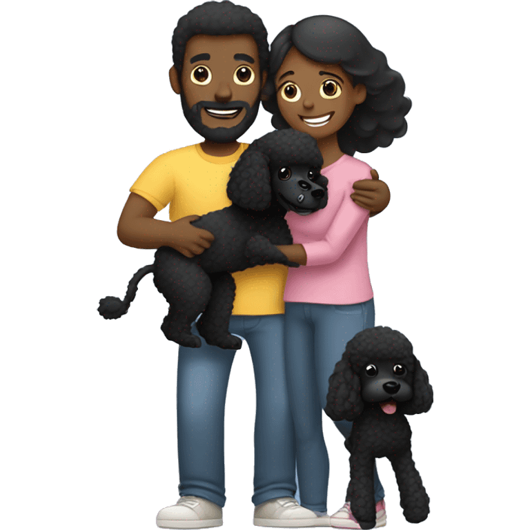 Mom, dad and daughter hug black poodle emoji