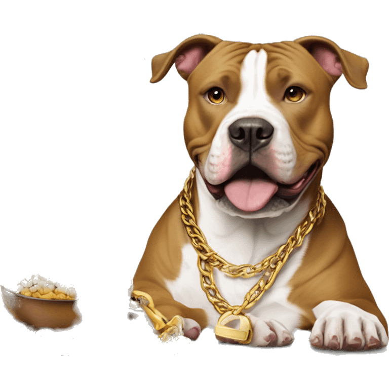 A dog pitbull with a big gold chain on that says “G-UNIT” and a bowl of dog food right next to the dog that says “G-UNIT” on the bowl  emoji