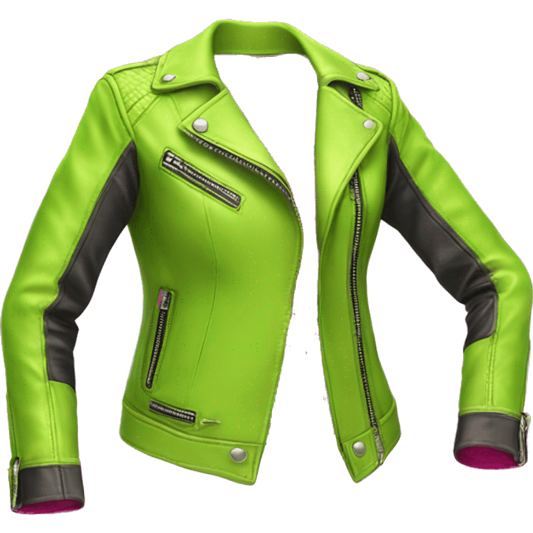 Realistic isolated side view of an open lime green fashion leather jacket with hot pink lace trim on it. emoji