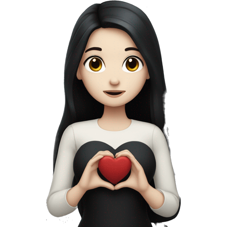 Pale girl with long black hair holding black heart in her hands  emoji